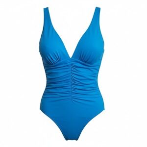 Miraclesuit Sanibel Blue One Piece Swimsuit Tummy Control Ruched V-Neck Size 14